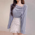 Women's Korean Fashion Long Sleeve Drawstring Knit Top + Tank Top + Camisole 2-Piece - White