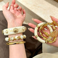 Vintage Gold Flower Width Edge Bangle Women Multi-Layered Wear Vacation Breeze Bracelet Exquisite Fashionable Hand Jewelry
