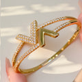 Western Full Diamond Geometric Bangle Exquisite Versatile Cubic Zirconia 2 Row Crystal Bracelet Niche Premium Elegant Hand Jewelry Women