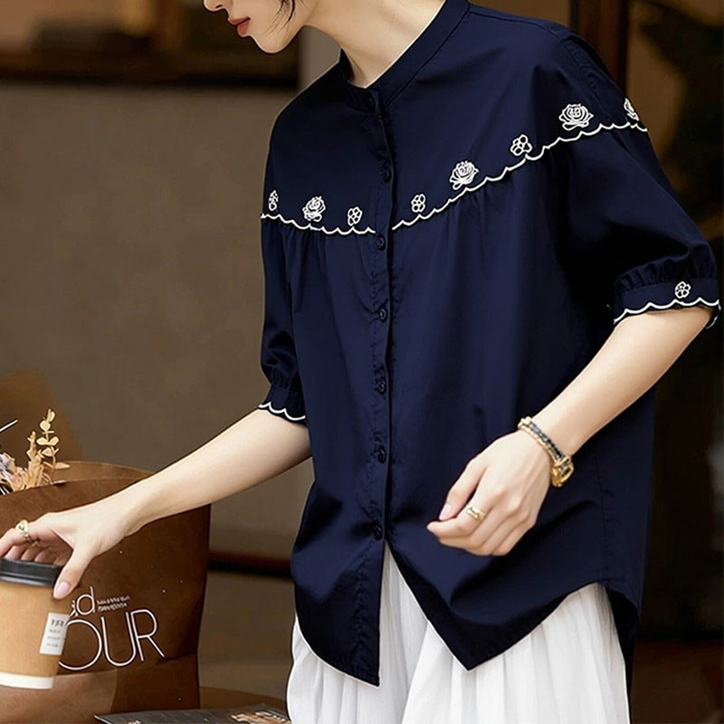 Women's Summer Korean Youthful Embroidered Short Sleeve Loose Cardigan + Shirt 2026 - Blue