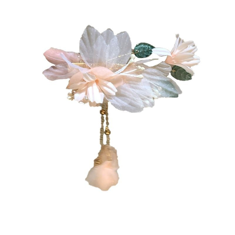Fabric Pearl Flower Leaf Tassel Hair Clip - view 5