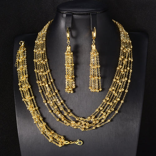 Dubai Gold Beaded Chain Clip Beaded Chain Clavicle Chain Fringe Bean Chain Long Style Necklace Bracelet Set Earrings Set Wholesale