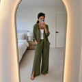 Vacation Linen Cotton Slit Loose Wide Leg Pants + Top 2-Piece Set