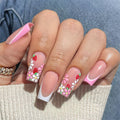 Summer Color-Block Press-On Nails - Floral Design, Reusable & Easy to Apply