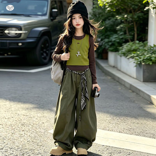 Girls' Long Sleeve Tee, Vest & Wide-Leg Pants - 3-Piece Set