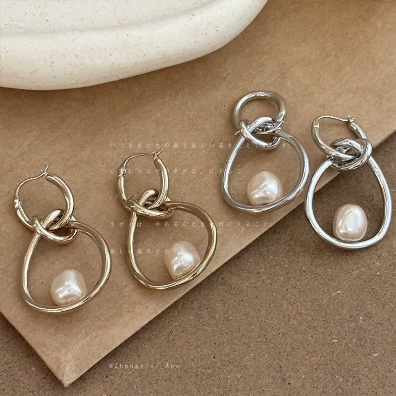 French Vintage Oval Pearl Hoop Earrings - view 2