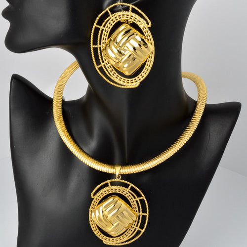 Africa Retro Gold Metal Round Cutout Striped Versatile Necklace Earrings Set Overseas Wholesale 2-Piece Set