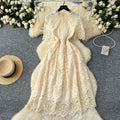 Retro Elegant Heavy Hollow-Out Hooked Flower Water-Soluble Lace Dress, French Waist-Slimming Short Sleeve
