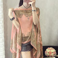 Women's Summer Ethnic Retro Chiffon Printed Lightweight Sun-Protection Top + Shawl + - Black