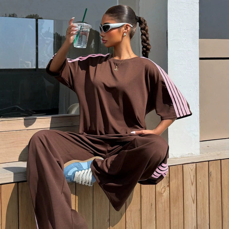 2026 New Street Style Casual Set, Loose Short Sleeve Tee + Side-Stripe Wide Leg Pants