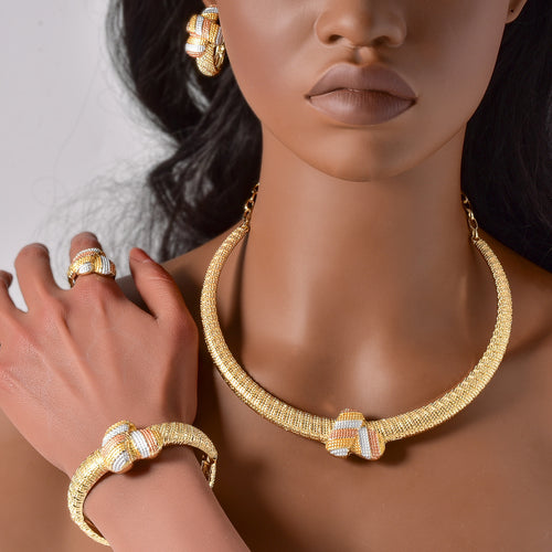 Middle East Edition New Trendy Crescent Chain Comb Knot Pendant Necklace Bracelet Set Earrings Ring Women 18K Elegant Bead Gem Set