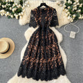 Retro Elegant Heavy Hollow-Out Hooked Flower Water-Soluble Lace Dress, French Waist-Slimming Short Sleeve