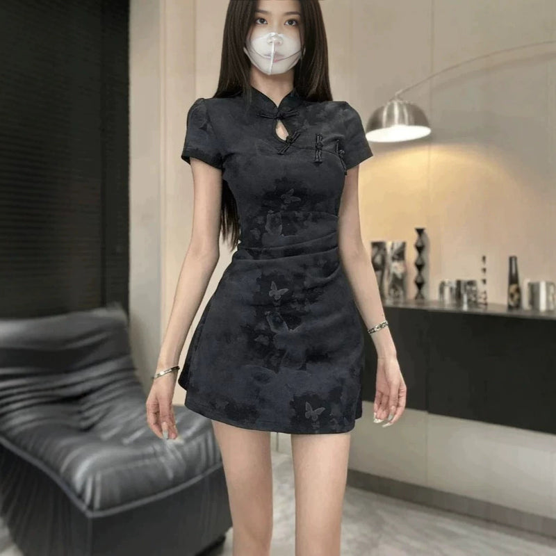 Chinese Button Modified Cheongsam Pleated Fitted Short Dress