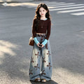 Girls' Faux Layered Contrast Tee & Bow Jeans Set