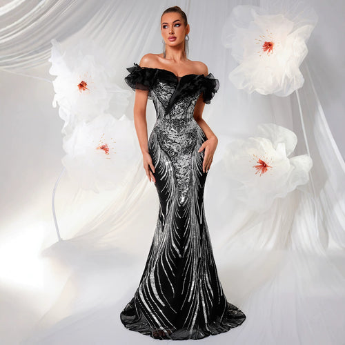 Women's Off-Shoulder Sequin Ruffle Mermaid Slim Fit Slimming Premium Evening ...