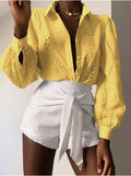 Women's Spring-Summer Casual Fashion Puff Sleeve Hollow-Out Loose Cardigan + Shirt 20 - White