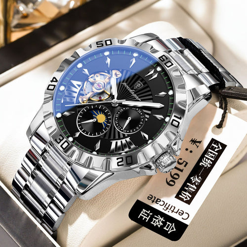 POEDAGAR Men Self-Winding Mechanical Watch Waterproof Glow Steel Band Mens Watch Live Export Bestseller Watch