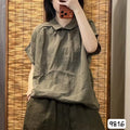 Summer Korean Youthful Linen Mini Flutter Sleeve Peter Pan Collar Loose Shirt