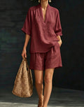 Summer Old Money Relaxed Linen Short Sleeve V-Neck Loose Wide Leg Pants + Top 2-Piece Set