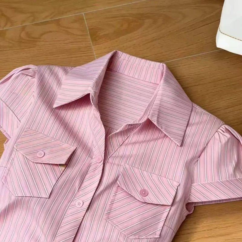 Summer Korean Elegant Short Sleeve Waist-Tie Fitted On-Shoulder Shirt
