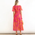 Printed V-Neck Puff Sleeve Bohemian Fitted Beach Dress