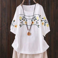 Women's Summer Ethnic Artistic Plus Size Linen Cotton Embroidered Short Sleeve Loose - White