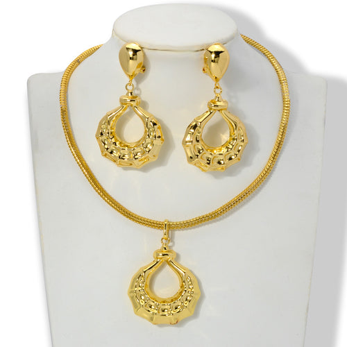 Middle East Retro Overseas Set Teardrop Type Pleated Texture Pendant Necklace Earrings Set Versatile Design Detail Bead Gem