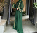Turkish Style Pink Chiffon Plant Print Embroidered Long Dress