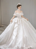 Off-Shoulder Luxury Wedding Gown - French Style Petite Bridal Dress with Train