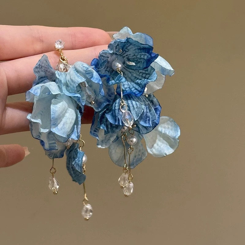 Blue Fabric Flower Statement Earrings - view 12
