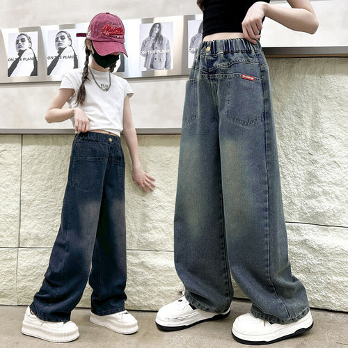 Girls' Versatile Straight Wide-Leg Jeans - Trendy Fit