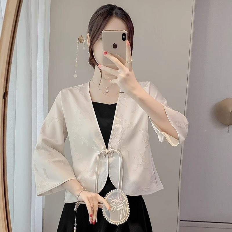 Women's New Chinese Fashion Frog Button Cropped Sun-Protection Top + Jacket 2026 - Off White