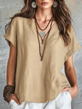 Spring-Summer Casual Linen Short Sleeve V-Neck Loose Shirt