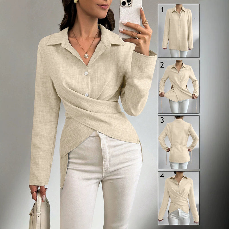 Office Elegant Long Sleeve Lapel Collar Tie-Front Fitted Cardigan + Shirt