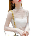 Women's Sheer Mesh High Neck White Lace Top