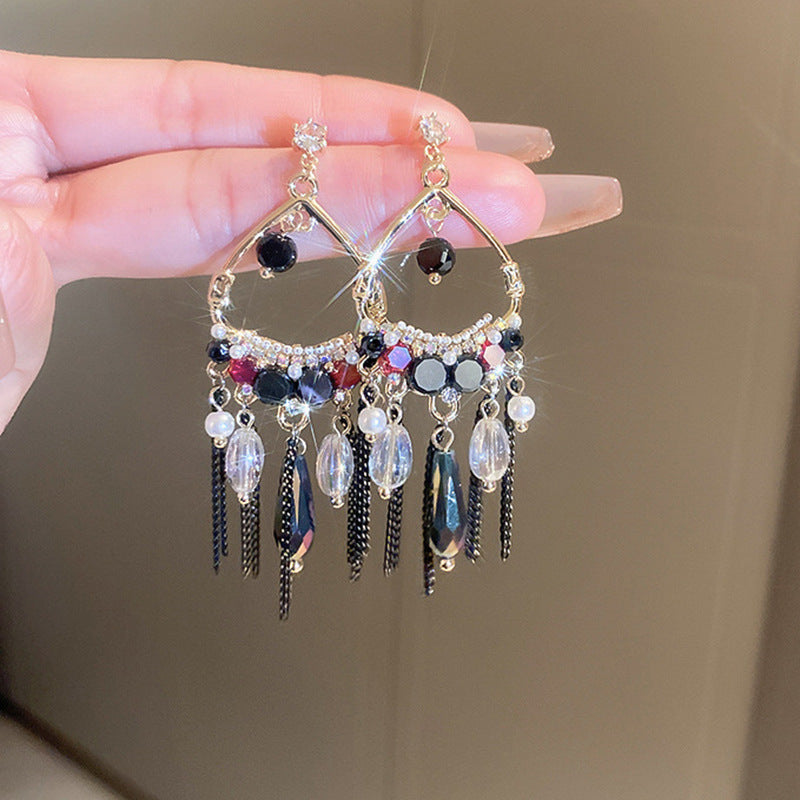 Rhinestone Mesh Butterfly Tassel Earrings - view 3