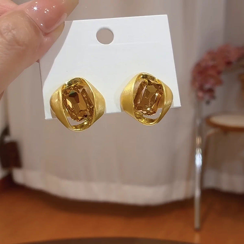 18K Gold-Plated Brushed Square Rhinestone Earrings - view 2