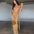 2026 Sequin Halter Hollow-Out Knit Crop Top + High Waist Straight Leg Pants Set