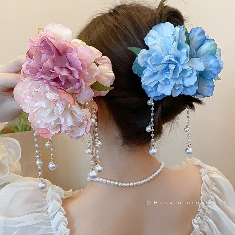Double-Sided Fabric Flower Pearl Tassel Hair Clip - view 2