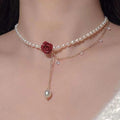 New Import Retro Red Rose Imitation Pearl Necklace Fringe Chain With Crystal Women Necklace Wholesale Women 6404