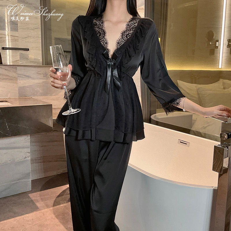 唯美纱蕾丝花边缎面家居睡衣套装深V甜美蕾丝上衣长裤两件家居服