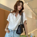 Office Korean Lace Short Sleeve V-Neck Patchwork Loose Shirt