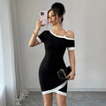Knit Bodycon Dress - Color Block Black White Off-Shoulder Short Sleeve Dress