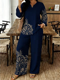Women's Ethnic Retro Plus Size Long Sleeve V-Neck Printed Drapey Top Set 2026 - 1