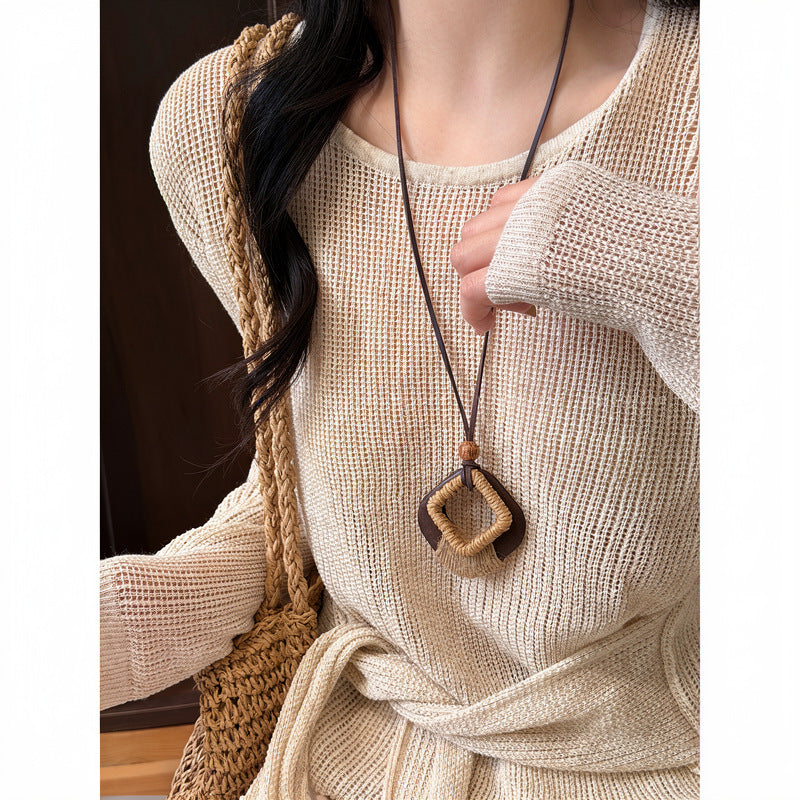 Bohemian Wooden Bead Rope Pendant Necklace - view 3