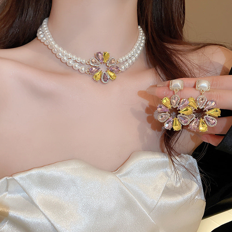 French Rhinestone Teardrop Layered Pearl Necklace - view 4