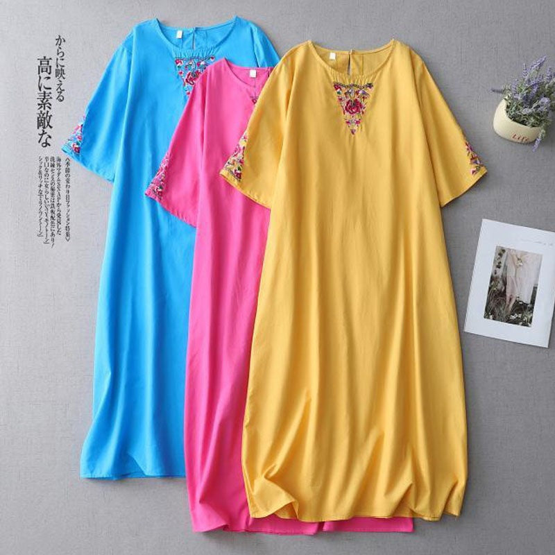 Cotton Linen Heavy Embroidery Plus Size Breathable Mid-Length Dress