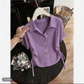 Summer Korean Elegant Short Sleeve Lapel Collar Drawstring Waist-Tie Shirt