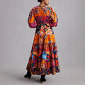 Women's Bohemian Vacation Lantern Sleeve V-Neck Waist-Tie Patchwork Dress + Long Skir - Red