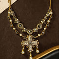 Vintage Cross Fringe Necklace Imperial Western Retro Pendant Rhinestone Fashionable Personality Sweater Chain